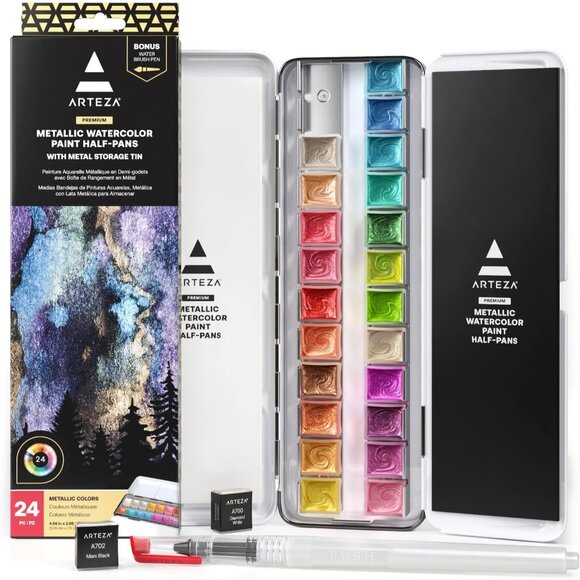 Other - Metallic Watercolor Paint Set 24 Colors, Shimmering Watercolors in Half Pans wit